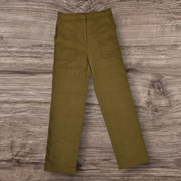 Zara SZ M Olive Green Straight Leg Flat Front Stretch Preppy Ankle Pants - Picture 1 of 12